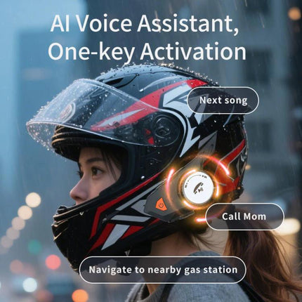Motorcycle Helmet Bluetooth Headset With Waterproof Mounting shown on rider with voice assistant in rain, hands-free calls and navigation
