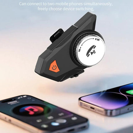 Motorcycle Helmet Bluetooth Headset With Waterproof Mounting shown clipped to helmet with phones displaying music and calls