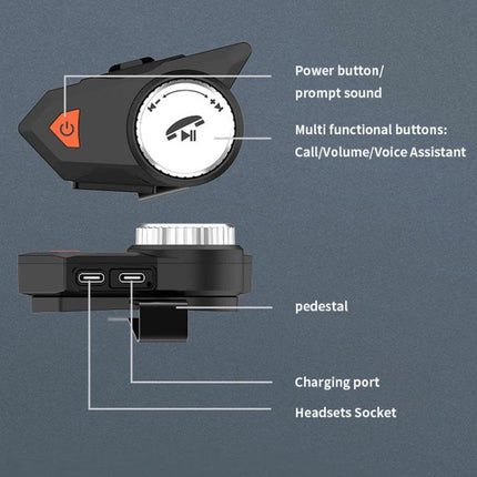 Motorcycle Helmet Bluetooth Headset With Waterproof Mounting close-up of buttons, charging port, headset socket and mounting pedestal