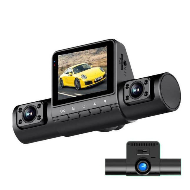 Multi-Lens Infrared Night Vision Dash Cam for Parking Monitoring showing dual lenses and LCD screen capturing a parked sports car