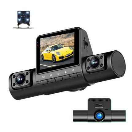 Multi-Lens Infrared Night Vision Dash Cam for Parking Monitoring with dual lenses and LCD screen showing parked yellow sports car