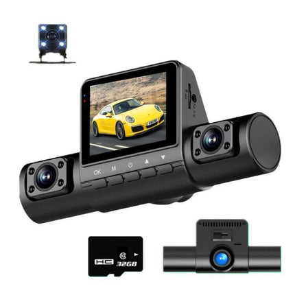 Multi-Lens Infrared Night Vision Dash Cam for Parking Monitoring shown with triple lenses, screen displaying car, and 32GB memory card