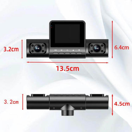 Multi-Lens Infrared Night Vision Dash Cam for Parking Monitoring showing compact triple-lens unit with dimensions 13.5cm x 6.4cm x 4.5cm