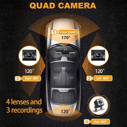 Multi-Lens Infrared Night Vision Dash Cam for Parking Monitoring with quad camera views showing front 170° and side/rear 120° angles