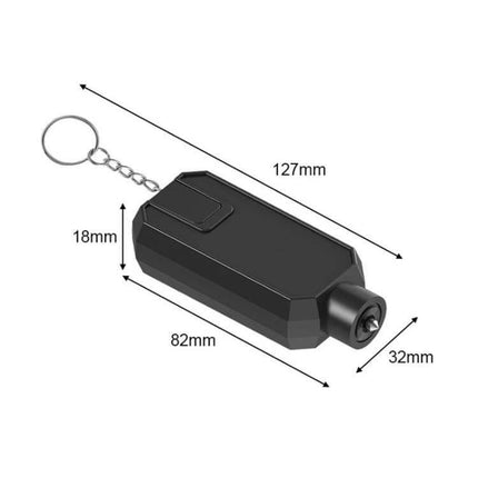 Emergency Car Hammer for Window Breaking and Seat Belt Cutting compact keychain with tungsten steel head and seatbelt cutter, dimensions labeled