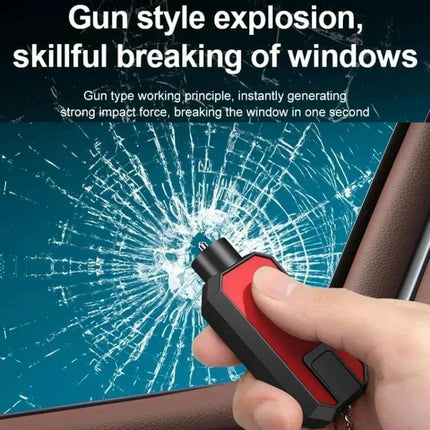 Emergency Car Hammer for Window Breaking and Seat Belt Cutting — red gun-style window breaker tool demonstrating glass shattering