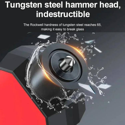 Emergency Car Hammer for Window Breaking and Seat Belt Cutting showing tungsten steel hammer head breaking glass