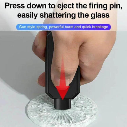 Emergency Car Hammer for Window Breaking and Seat Belt Cutting - hand pressing gun-style spring to eject firing pin and shatter car window glass