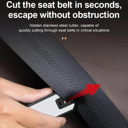 Emergency Car Hammer for Window Breaking and Seat Belt Cutting showing hidden cutter slicing a seat belt to enable quick escape
