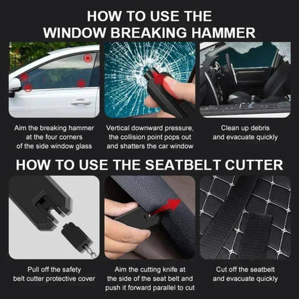 Emergency Car Hammer for Window Breaking and Seat Belt Cutting - instructional graphic showing window hammer use and seatbelt cutter steps