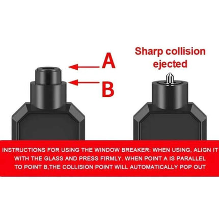 Emergency Car Hammer for Window Breaking and Seat Belt Cutting showing tungsten steel window-breaking head and instructions
