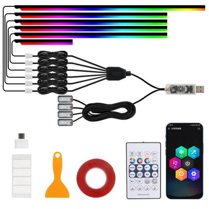App-Controlled Car Interior Ambient Lighting Kit For Mood Lighting USB LED strips, remote and smartphone app for customizable cabin color and effects