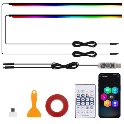 App-Controlled Car Interior Ambient Lighting Kit For Mood Lighting - USB RGB LED strips, Bluetooth app and remote, adhesive tape and installation tools