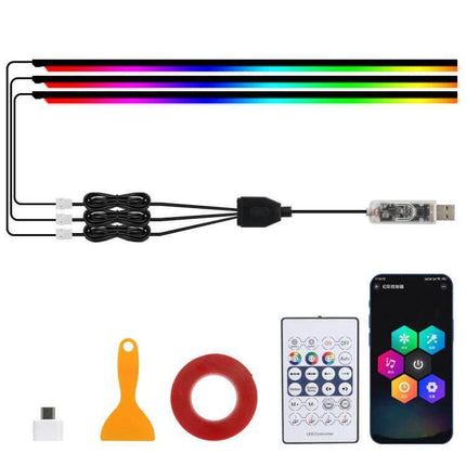 App-Controlled Car Interior Ambient Lighting Kit For Mood Lighting - USB LED strips, Bluetooth app, remote, adhesive tape and installation tools
