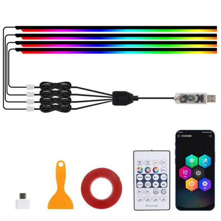 App-Controlled Car Interior Ambient Lighting Kit For Mood Lighting with RGB USB strips, Bluetooth app, remote, adhesive tape and connector