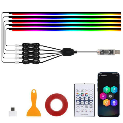 App-Controlled Car Interior Ambient Lighting Kit For Mood Lighting - USB LED strips with Bluetooth app, remote, adhesive tape and connectors