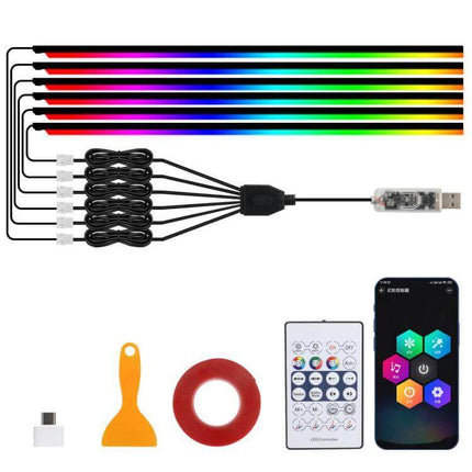App-Controlled Car Interior Ambient Lighting Kit For Mood Lighting - USB RGB LED strips, Bluetooth app, remote, adhesive tape and connectors for car cabin