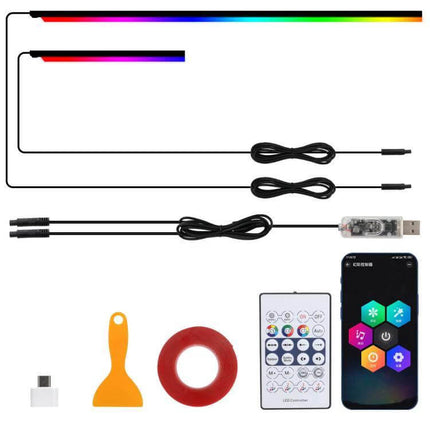 App-Controlled Car Interior Ambient Lighting Kit For Mood Lighting showing LED strips, USB controller, remote, smartphone app, adhesive tape and installation tools