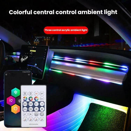 App-Controlled Car Interior Ambient Lighting Kit For Mood Lighting showing multicolor LED strips, smartphone app and remote inside car cabin