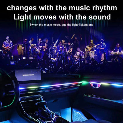 App-Controlled Car Interior Ambient Lighting Kit For Mood Lighting highlighting car dashboard and door panels with music-synced RGB glow