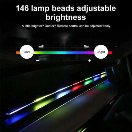 App-Controlled Car Interior Ambient Lighting Kit For Mood Lighting showing 146 lamp beads adjustable brightness with multicolor LED strips and brightness scale