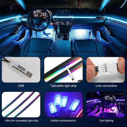 App-Controlled Car Interior Ambient Lighting Kit For Mood Lighting installed in car cabin with blue USB-powered LED strips and app control
