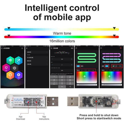 App-Controlled Car Interior Ambient Lighting Kit For Mood Lighting showing smartphone app color controls, 16 million colors and USB controller