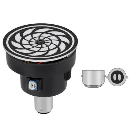 Motorcycle Rotating LED Tail Lights 360-Degree Illumination showing black round rotating LED tail light with spiral pattern and BA15S base, side and rear views