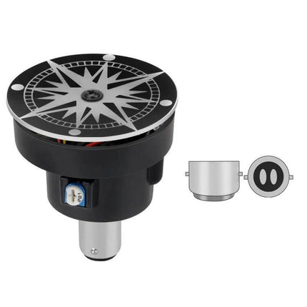 Motorcycle Rotating LED Tail Lights 360-Degree Illumination showing compact 12V rotating tail light with compass-style top and bayonet base