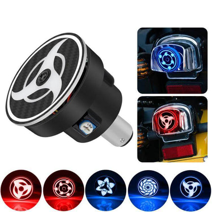 Motorcycle Rotating LED Tail Lights 360-Degree Illumination showing black rotating LED tail light with red and blue omnidirectional patterns for motorcycle safety