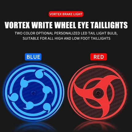 Motorcycle Rotating LED Tail Lights 360-Degree Illumination showing blue and red vortex wheel eye taillights for 12V motorcycles, omnidirectional visibility and braking signals
