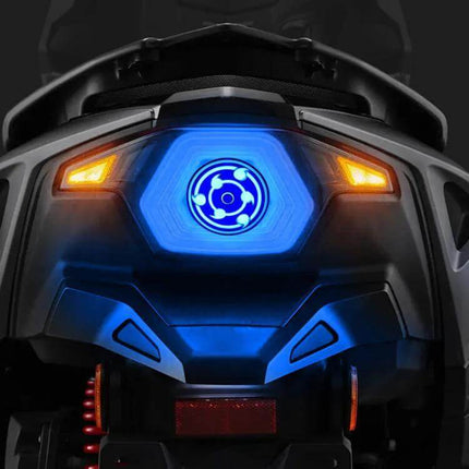Motorcycle Rotating LED Tail Lights 360-Degree Illumination rear view showing blue rotating LED and amber turn signals for improved visibility