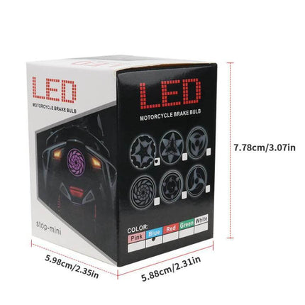 Motorcycle Rotating LED Tail Lights 360-Degree Illumination compact boxed LED motorcycle brake bulb showing product colors and dimensions