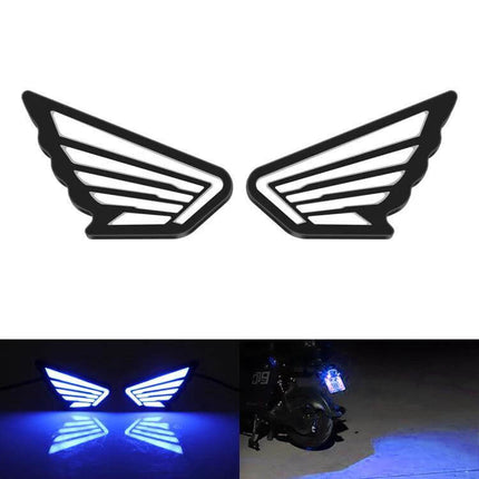 Motorcycle Winged Eagle Eye Lights For Night Riding — compact 12V LED winged auxiliary lights with bright blue focused beam for improved nighttime visibility