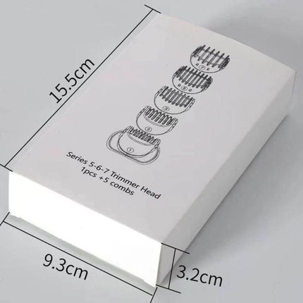 Braun Replacement Trimmer Attachment Kit With 5 Guiding Combs boxed kit showing trimmer head and five guiding combs with dimensions
