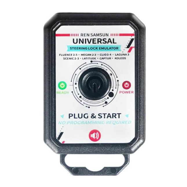 Universal Renault Steering Lock Emulator For Everyday Use plug-and-play unit with durable plastic housing, ready/power LEDs, compact workshop device
