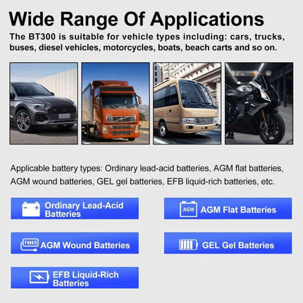 Essential Car Battery Checker for Everyday Driving Needs showing wide range of applications: cars, trucks, buses, motorcycles and compatible battery types