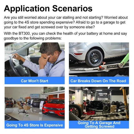 Essential Car Battery Checker for Everyday Driving Needs showing application scenarios: car won't start, roadside breakdown, expensive 4S store, garage repairs