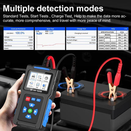 Essential Car Battery Checker for Everyday Driving Needs handheld tester connected to 12V battery showing multiple detection modes