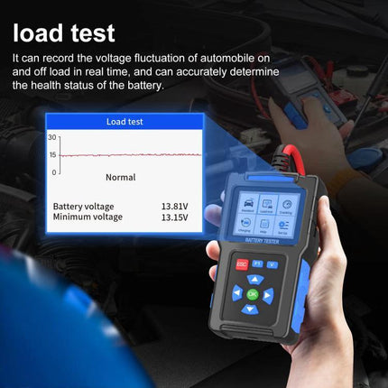 Essential Car Battery Checker for Everyday Driving Needs showing handheld tester displaying load test results and battery voltage readings
