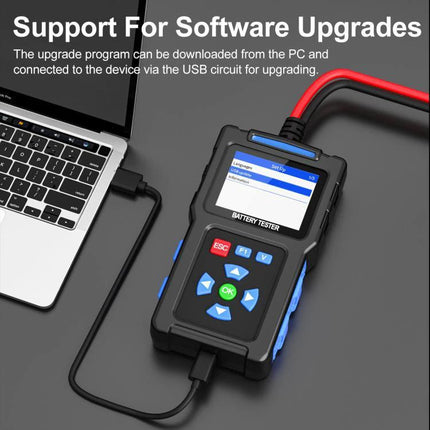 Essential Car Battery Checker for Everyday Driving Needs handheld battery tester connected to laptop via USB for software upgrades