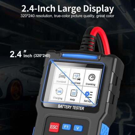 Essential Car Battery Checker for Everyday Driving Needs - 2.4-inch display battery tester showing voltage, cranking and charging tests, red/black clamps