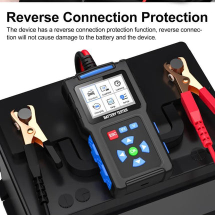 Essential Car Battery Checker for Everyday Driving Needs showing battery tester on car battery with reverse connection protection and clamps