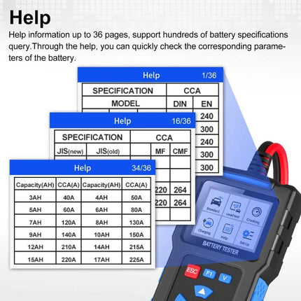 Essential Car Battery Checker for Everyday Driving Needs handheld battery tester with help screens showing specifications and CCA charts