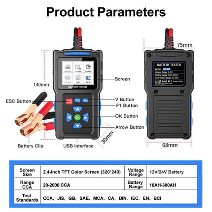 Essential Car Battery Checker for Everyday Driving Needs - 2.4-inch screen handheld battery tester for 12V/24V vehicles, voltage and CCA range shown