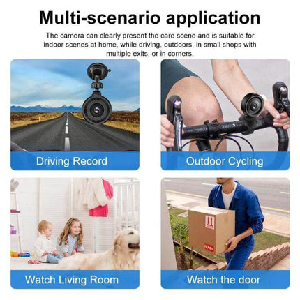 Compact Portable Fisheye Wide-Angle Lens for Everyday Monitoring showing driving, cycling, living room and door surveillance scenarios