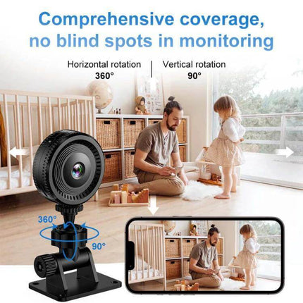 Compact Portable Fisheye Wide-Angle Lens for Everyday Monitoring showing 140° view of nursery with parent and child, 360° horizontal and 90° vertical rotation