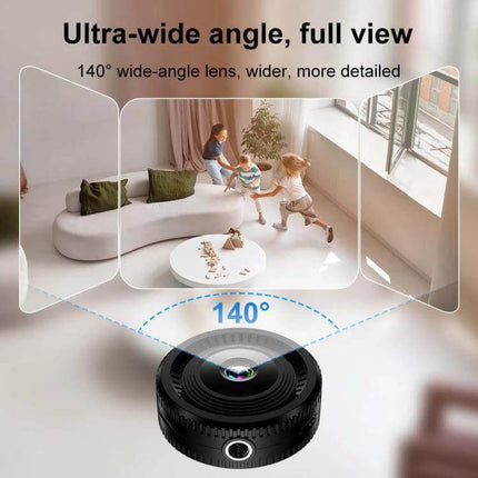 Compact Portable Fisheye Wide-Angle Lens for Everyday Monitoring showing 140° ultra-wide view capturing a living room and children playing