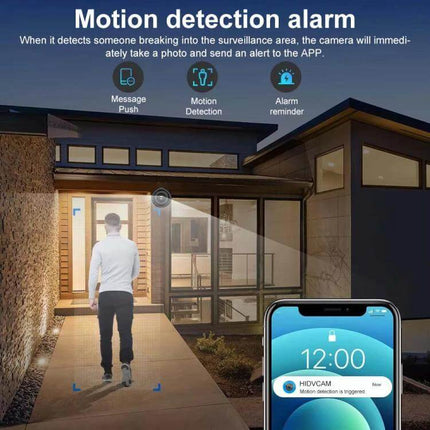 Compact Portable Fisheye Wide-Angle Lens for Everyday Monitoring showing motion detection at a home entrance with app alert on smartphone