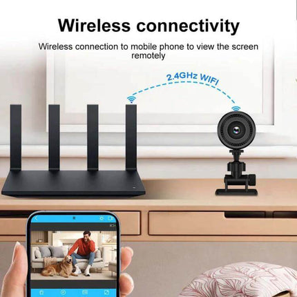 Compact Portable Fisheye Wide-Angle Lens for Everyday Monitoring showing 140-degree wireless camera on desk streaming to mobile app